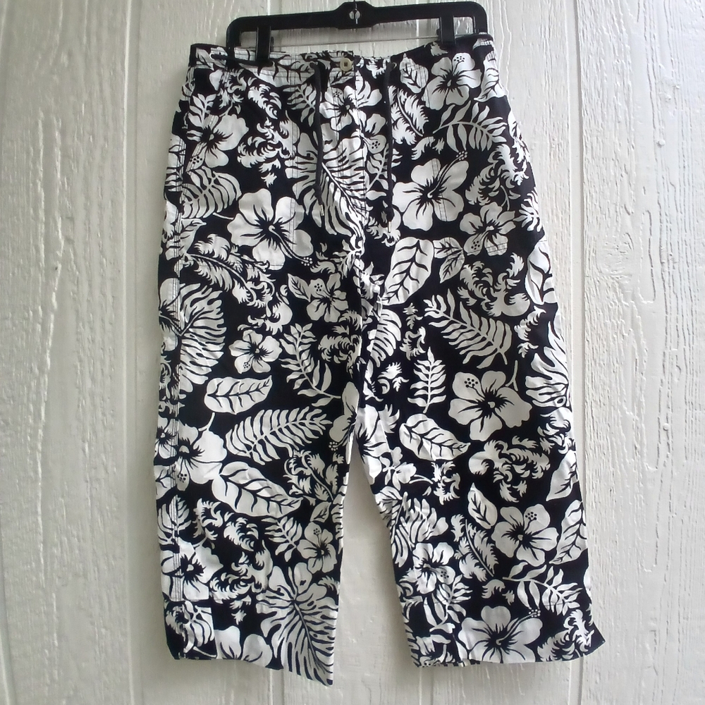 Lauren By Ralph Lauren Floral Black and White Women's Wide Leg Pants-12-EUC